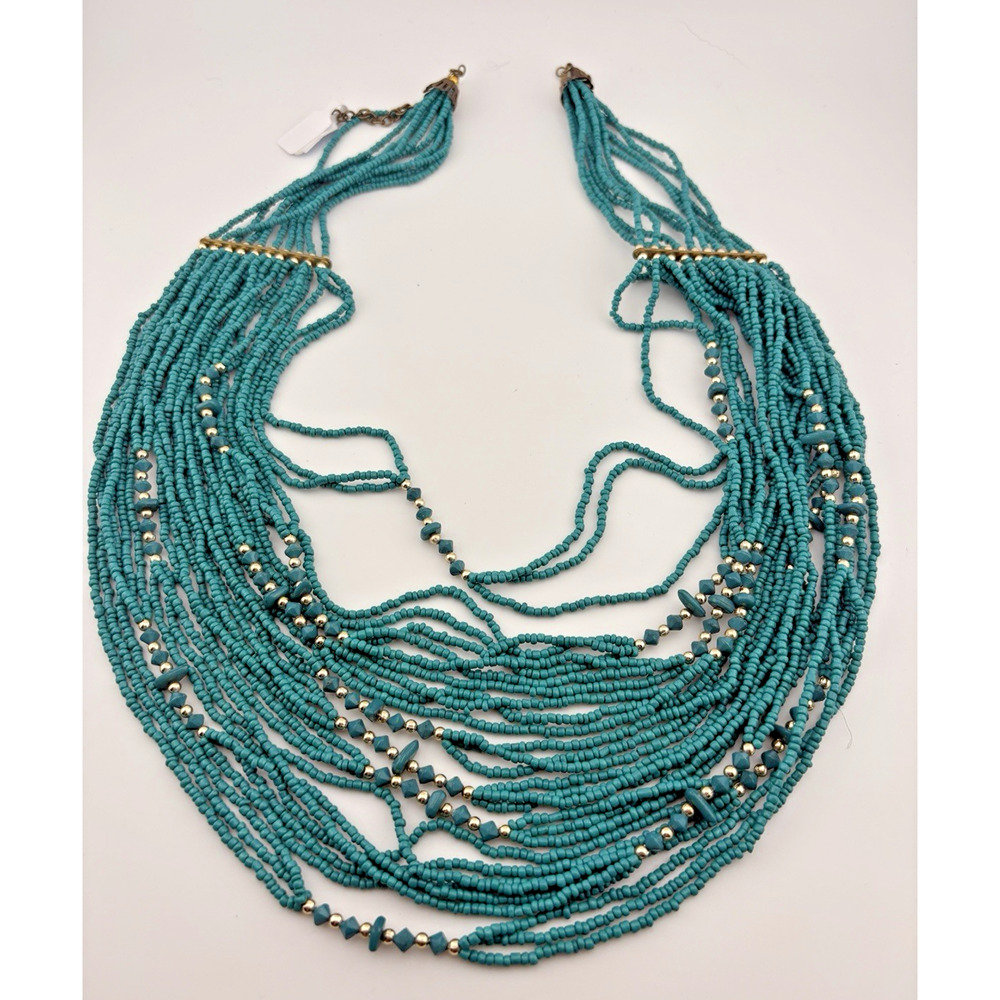 Southwest Style Turquoise Blue Seed andBrass Bead 30 Multi Strand Necklace 26" - Picture 1 of 4